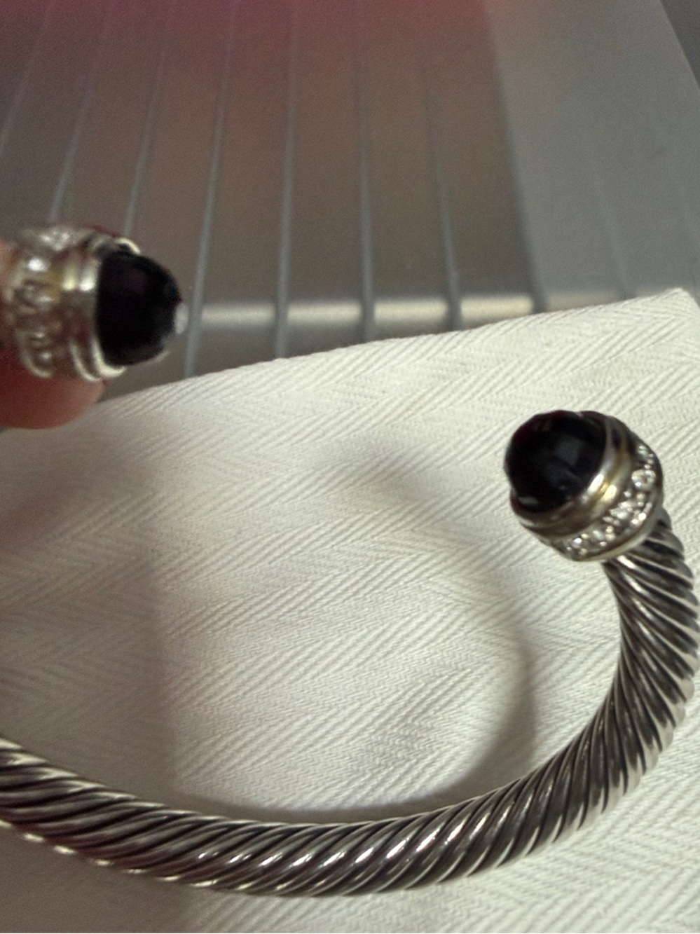 Classic Twisted Silver Cuff Bracelet with Black Onyx Ends - Picture 2 of 2